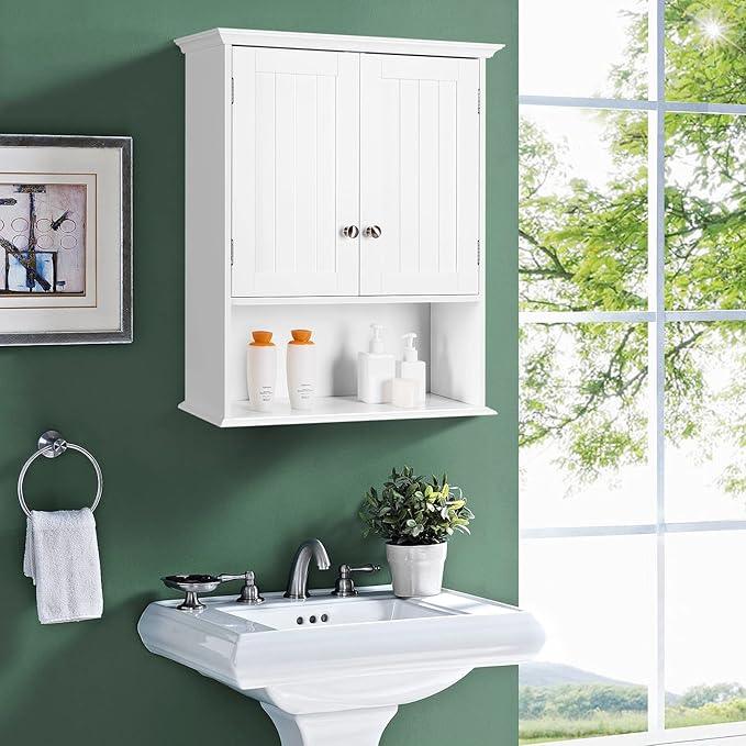 Tangkula Bathroom Wall Cabinet, Wooden Hanging Storage with Doors & Shelves, Multipurpose Wall Mounted Bathroom Medicine Cabinet for Kitchen Living Room - ModernBath