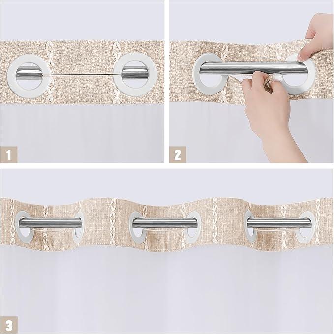 MitoVilla No Hooks Needed Farmhouse Shower Curtain with Snap-in Liner - with Window & Magnets, Boho Cotton Linen Fabric Shower Curtains with Tassels for Rustic Bathroom Decor, Beige/Cream, 72 x 74 - ModernBath