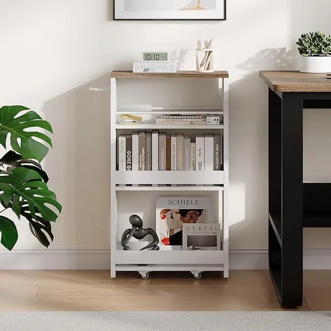 ChooChoo 4-Tier Slim Storage Cart with Handle, 7.87" W Rolling Utility Cart on Universal Wheels, Kitchen Cart Mobile Shelving Organization for Laundry Room, Bathroom & Narrow Places (Walnut & White) - ModernBath
