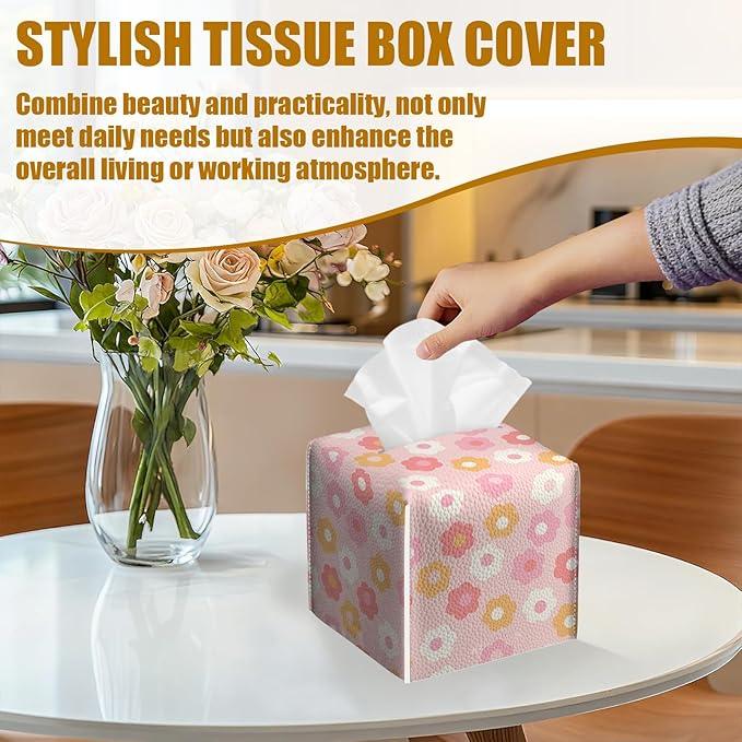 Retro Pink Flower Tissue Box Cover 2PCS, Leather Tissue Box Holder Square Facial Paper Case Tissue Box Cube Organizer for Bathroom Bedroom Desk Office - ModernBath