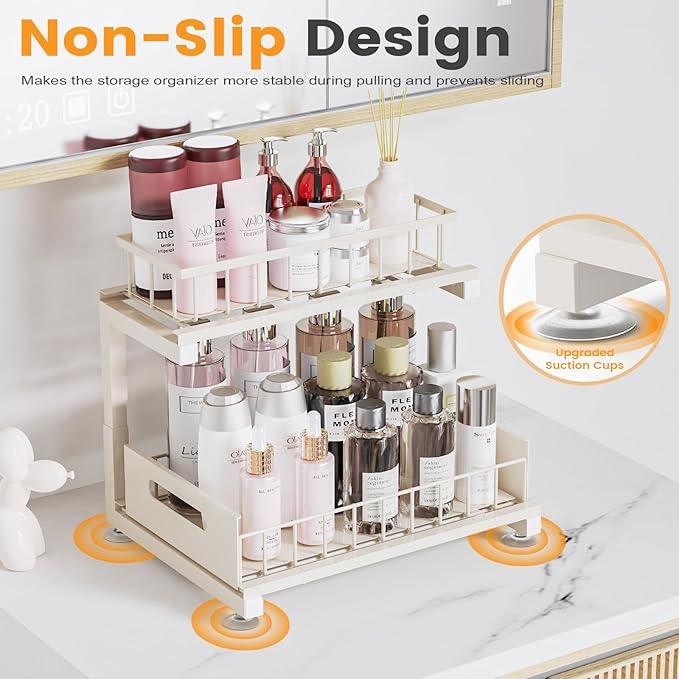 Under Sink Organizer, Heavy Duty Metal Slide Out Sink Shelf Organizer Height Adjustable, Multi-Purpose Storage Shelf for Kitchen Bathroom (Sand,1Pack) - ModernBath