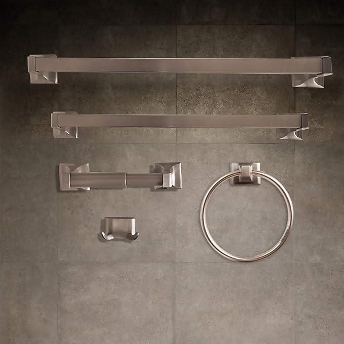 SENTO Cellar Classic Bathroom Accessories Set, Heavy Duty Metal Bath Hardware Set Wall Mounted, Includes Robe Hook, Toilet Paper Holder, Towel Ring, 18” & 24” Towel Bar (5-Piece, Satin Nickel) - ModernBath