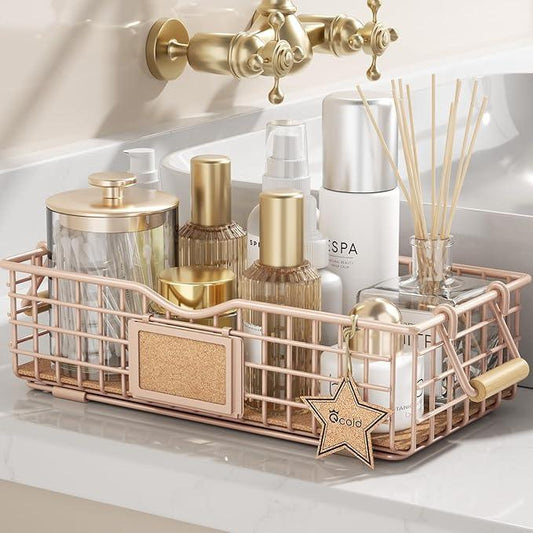 Bathroom Storage Basket with Handle, Home Decor Organizer - Bathroom Organizers and Storage - Exquisite Vanity Tray for Skincare - Counter Tray for Organizing - Pink - ModernBath