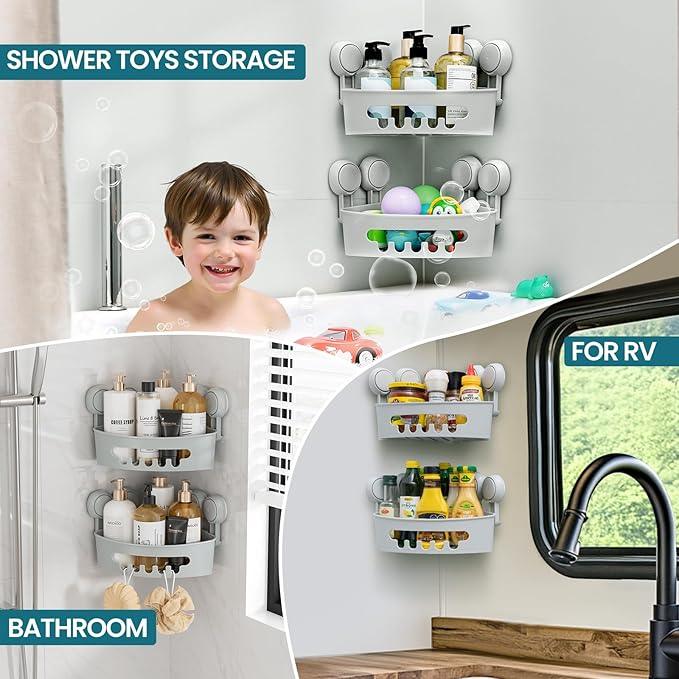 TAILI Suction Corner Shower Caddy, Bathroom Shower Shelf Storage Basket Wall Mounted Organizer for Shampoo, Conditioner, Plastic Rack for Kitchen & Bathroom, Drill-Free Removable (2 Pack)-Grey - ModernBath