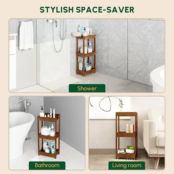 BEEFURNI Acacia Wood Shower Caddy, 3 Tier Shower Organizer, Sturdy Corner Shower Caddy, Wooden Bathroom Shelves Freestanding, Bathroom Standing Shelf (3T) - ModernBath