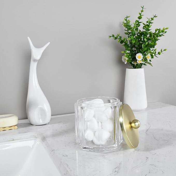 Indecor Home Clear Transparent Apothecary Octagional Shaped Glass Canister Jar With Gold Metal Lid Cover for Bathroom Organization, Cotton Balls, Q Tips, and Small Accessories, Bathroom Storage - ModernBath