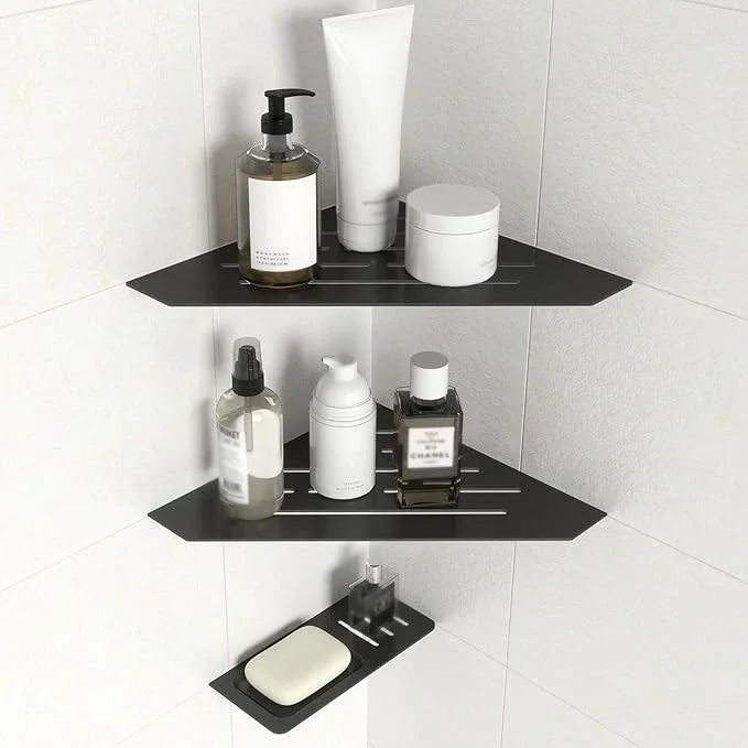 10" Recessed Corner Shower Shelf 2 Packs, Grout Mount Install ation with Soap Holder, Bathroom Cornor Organizer for Tiled Wall, Requires Sealant, Matte Black - ModernBath