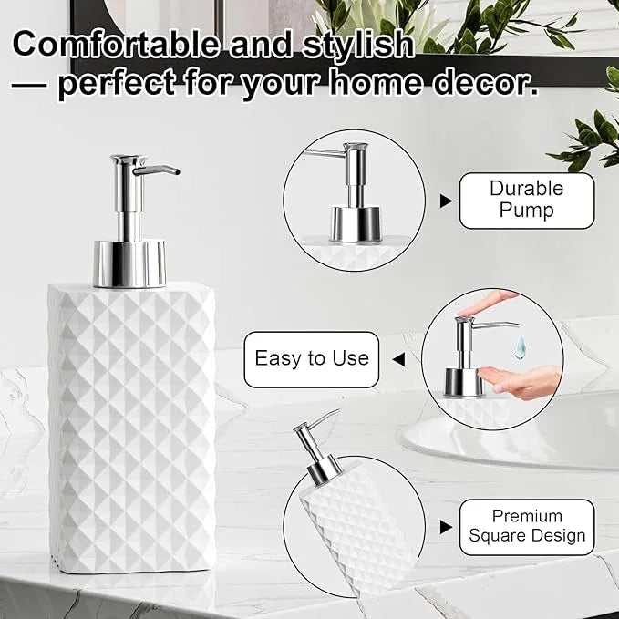 Bathroom Accessories Set Resin 6PCS, Square Toothbrush Holders Set Complete with Soap Dispenser, Vanity Tray, Tumbler, Cups and Cotton Swab Jars (White Diamond, Resin Bath 6 PCS) - ModernBath