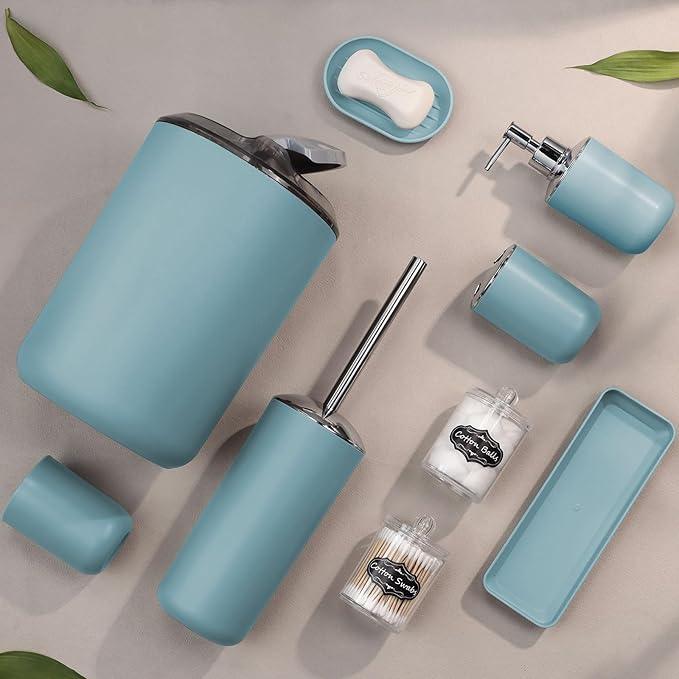 IMAVO Bathroom Accessories Set,Blue Bathroom Set,9 Pieces Bathroom Accessory Set,Tray,Qtip Holders,Toilet Brush,Trash Can for Bathroom Décor and Home Gifts - ModernBath
