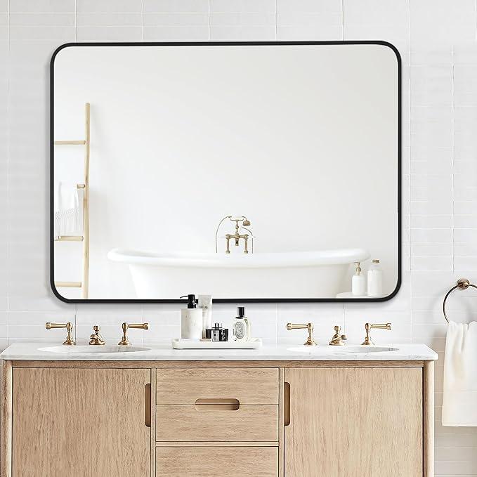 Bonverre 30x40 Inch Rectangle Bathroom Mirror with Black Metal Frame, Rounded Corner Rectangular Vanity Mirror for Wall, Modern Large for Bedroom, Living Room, Horizontal or Vertical - ModernBath