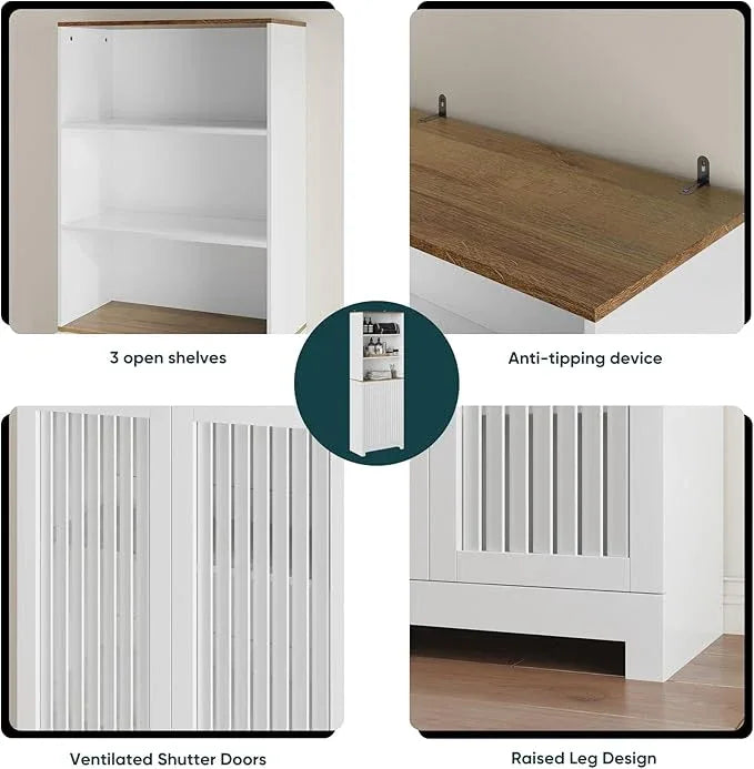 Bathroom Storage Cabinet - 66.8" Freestanding Tall Cabinet with Slatted Doors and Open Shelves, Adjustable Shelves, White Bathroom Organizer for Small Spaces, Bathroom Linen Tower with Closed Storage - ModernBath