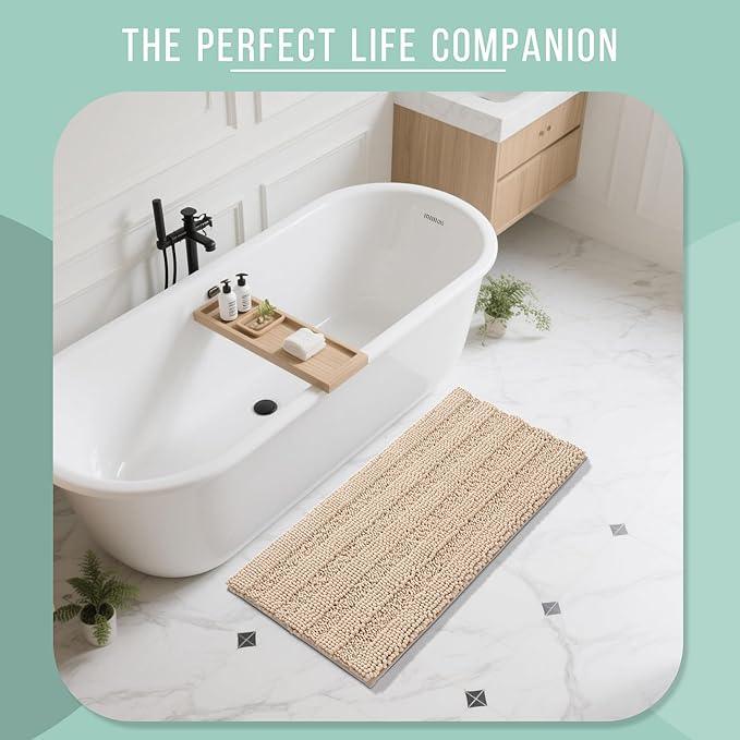Yimobra Bathroom Rug Mat 47 x 24, Non Slip and Super Absorbent Bath Mat,Machine Washable Quick Dry,Ultra Plush Chenille Shower Rugs for Bathroom Floor Sink Tub and Shower Outside, Beige - ModernBath