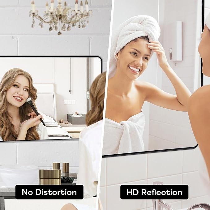 Minuover Wall Mount Mirror for Bathroom, Brushed Black Metal Framed Large Rounded Corner Rectangular Vanity Mirror, Tempered Glass (30" x 55", Black) - ModernBath