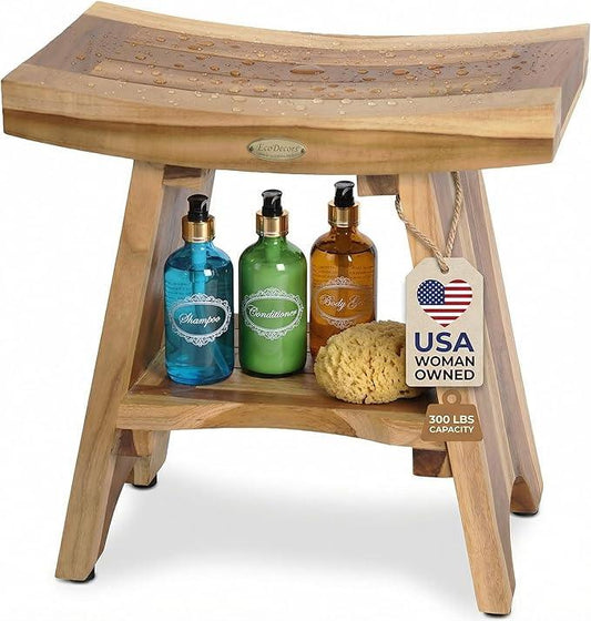 EcoDecors Teak Shower Bench 18", 300 lb Capacity – Waterproof Wood Bath Seat with Shelf, Spa Seating for Adults – Compact Fit for Small Bathrooms & Walk-in Showers – Slip-Resistant Feet - ModernBath