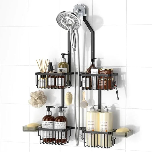 REINHARDT Aluminum Shower Caddy Hanging Adjustable Shower Caddy, Rustproof Hanging Shower Organizer with Hooks Soap Holders, Over Shower Head Caddy for Handheld Showerhead, Black - ModernBath
