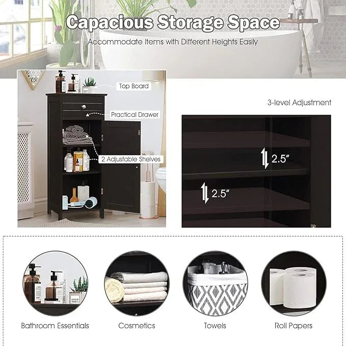 HAPPYGRILL Bathroom Floor Cabinet, Single Door Floor Storage Cabinet Organizer with Drawer and 3-Level Adjustable Shelves, Bathroom Cabinets Freestanding with Anti-Tipping Device for Living Room - ModernBath