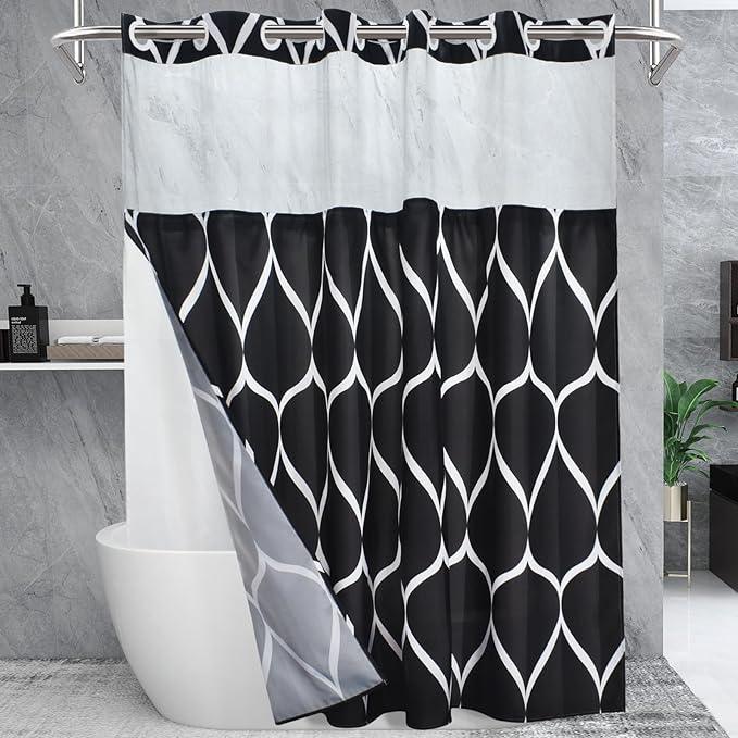Yiatn No Hook Black Shower Curtain with Snap in Fabric Liner Set - Hotel Style with See Through Mesh Top Window - 71x74 INCH - ModernBath