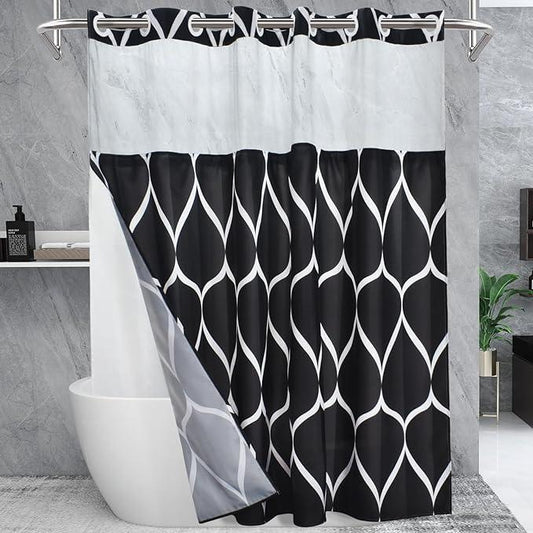 Yiatn No Hook Black Shower Curtain with Snap in Fabric Liner Set - Hotel Style with See Through Mesh Top Window - 71x74 INCH - ModernBath