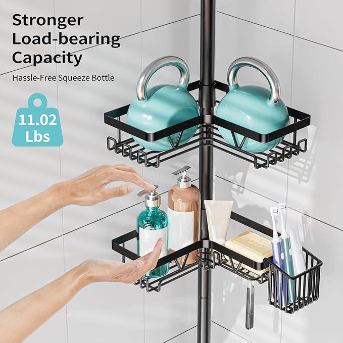 KEGII Shower Caddy Corner Tension Pole with Toothbrush Holder - Adjustable Corner Shower Organizer with Tooth Brush Holder, No Drilling Rustproof Bathroom Shelf Storage Rack, Fits 25-114.2 Inch - ModernBath