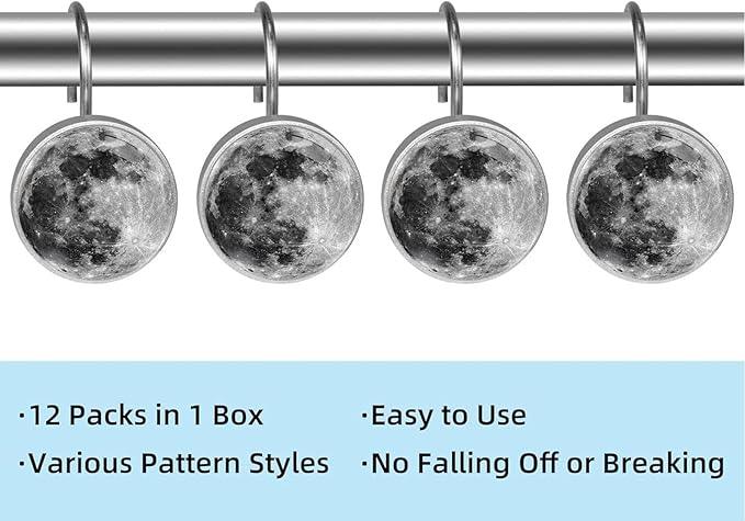 Black Moon Shower Curtain Hooks Set of 12 Rustproof Metal Shower Hooks for Curtains Rods Shower Curtain Rings for Bathroom Living Room Bedroom Decor - ModernBath