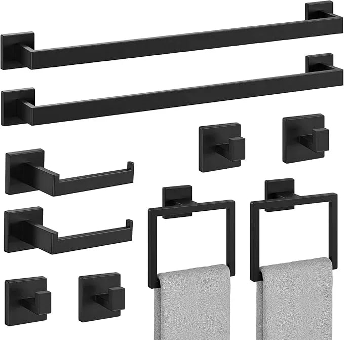 Bubxo 10-Pieces Matte Black Bathroom Accessories Set, 24 Inch Bathroom Hardware Set, SUS304 Stainless Steel Bath Towel Bar Set, Towel Racks for Bathroom Wall Mounted - ModernBath