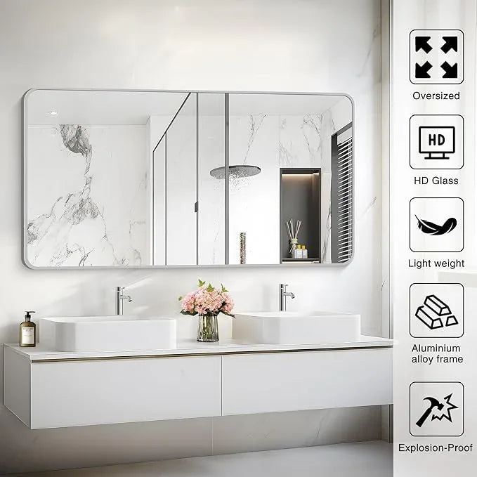 CIVENO 55x30 Inch Silver Bathroom Mirror, Large Rectangular Vanity Mirror, Metal Framed Rectangle Mirrors, Rounded Corner Wall Mounted Mirrors for Living Room Bedroom Entryway Horizontal or Vertical - ModernBath