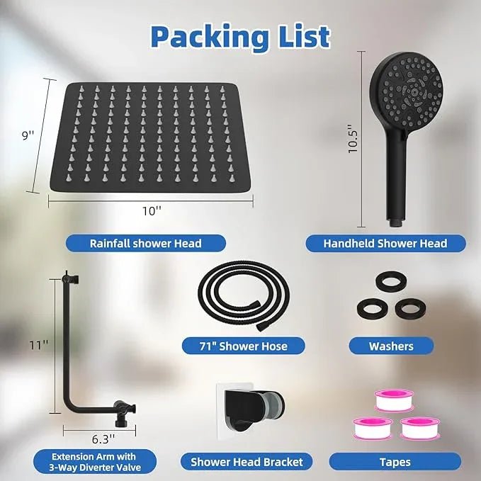 All Metal Black Shower Head, 10" High Pressure Rainfall/Handheld Shower Combo with 11" Extension Arm, 10-Spray Handheld Showerhead, 71" Long Hose, 3-Way Diverter Valve, Matte Black - ModernBath