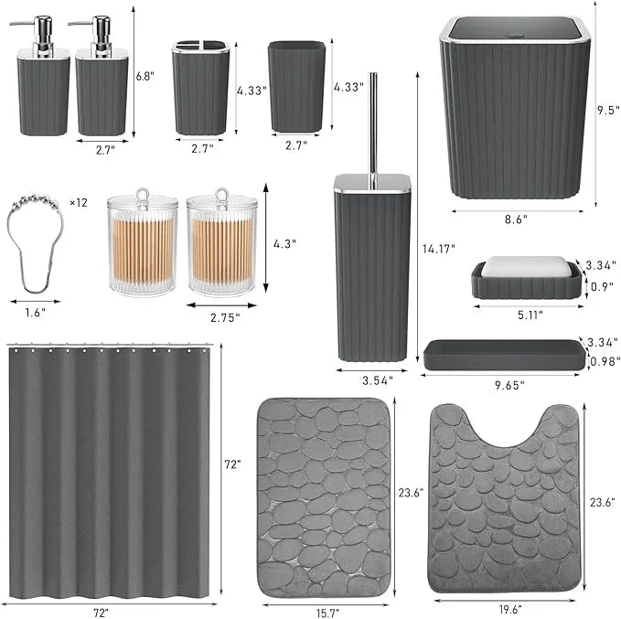 XLHOMO Bathroom Accessories Set- 25PC Grey Bathroom Set, Bathroom Set with Shower Curtain and Rugs, Shower Curtain Set, Toilet Brush, Trash Can, Qtip Holder Dispenser & Soap Dispenser - ModernBath