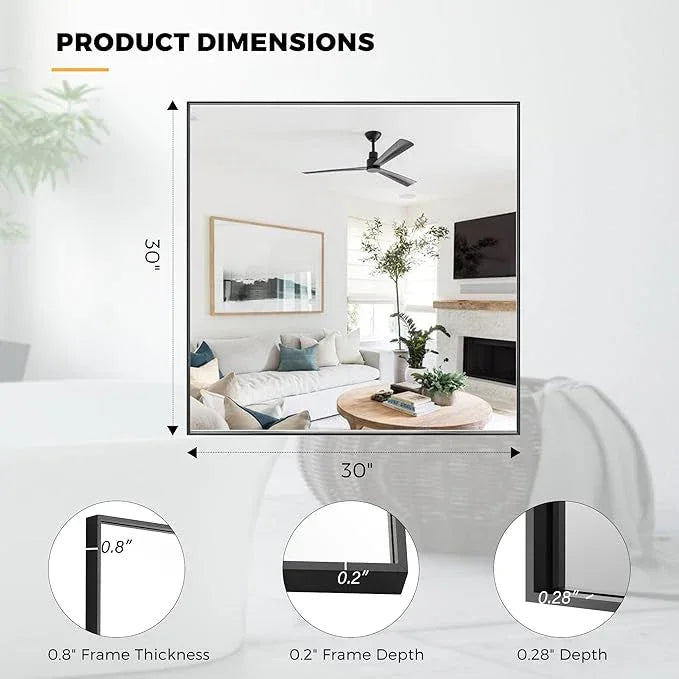 Bonverre 30x30 Inch Black Bathroom Mirror for Wall, Aluminum Frame Rectangle Rectangular Vanity Mirror, Modern Large for Bedroom, Living Room, Horizontal or Vertical - ModernBath