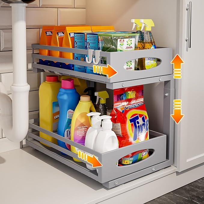 Under Sink Organizer, 2 Tier Under Sink Organizers and Storage, Adjustable Height, Slide out Metal Cabinet Organizers, Pull out Cabinet Storage Drawer Shelf for Kitchen Bathroom - ModernBath