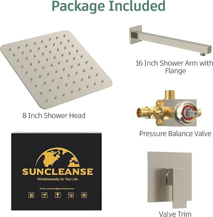 SunCleanse Shower Faucet Set with Valve, 8 Inch Square Shower Head and Handle Set, Single Handle Shower Trim Kit with Extra Long Shower Arm, Brushed Nickel - ModernBath