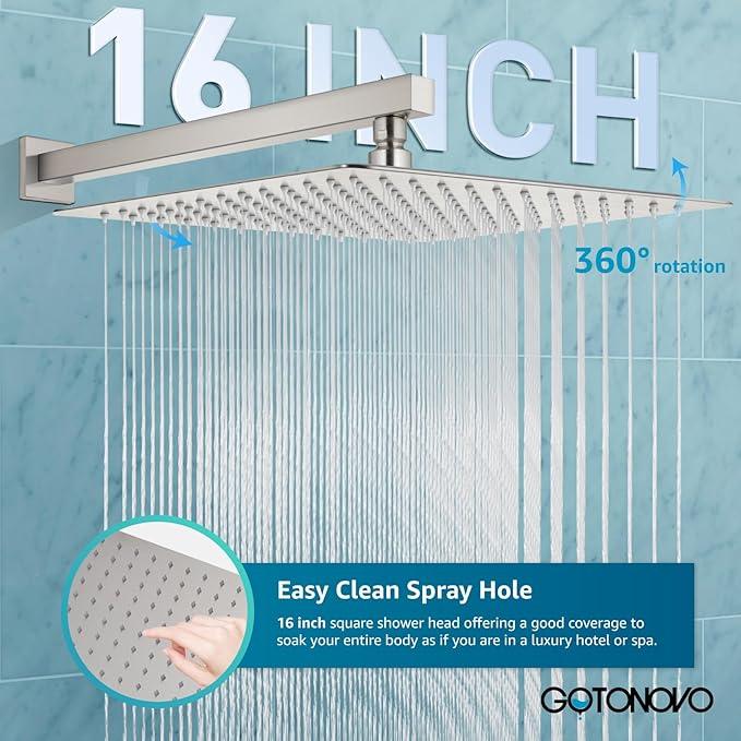 gotonovo Rainfall Bathroom Shower System Rain Shower Head and Handle Set Wall Mounted Shower Complete Combo Solid Brass Pressure Balancing Shower Mixer Valve 16 Inch Brushed Nickel - ModernBath