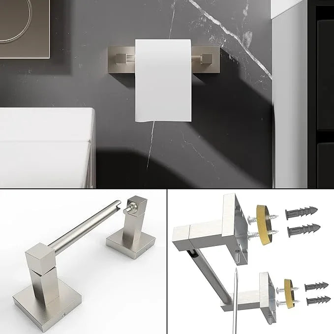 Ruacq Brushed Nickel Toilet Paper Holder Towel Ring Bathroom Accessories Hardware Set Double Post Pivoting Toilet Roll Holder Square Stainless Steel and Zinc Alloy Modern Wall Mounted 2 Pieces - ModernBath
