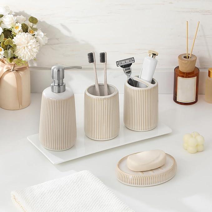 vancasso Ceramic Bathroom Accessories Set 4 Piece, Soap Dispenser with Stainless Steel Pump, Toothbrush Holder, Tumbler and Soap Dish, Modern Relief Design, Bathroom Decor Organizer, Beige-White - ModernBath