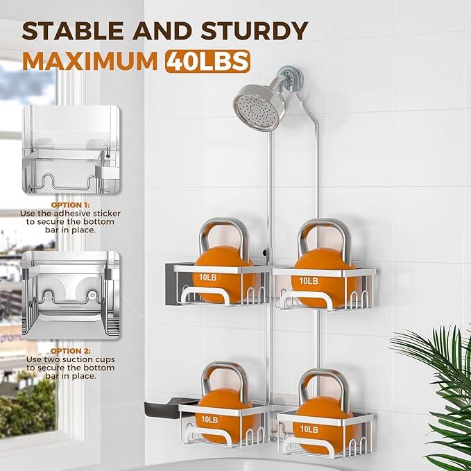 REINHARDT Adjustable Shower Caddy Hanging Split Shower Caddy for Handheld Showerheads, Rustproof Shower Organizer with Hooks for Razor Over the Head Caddy with Soap Holder Bathroom Accessories, Silver - ModernBath