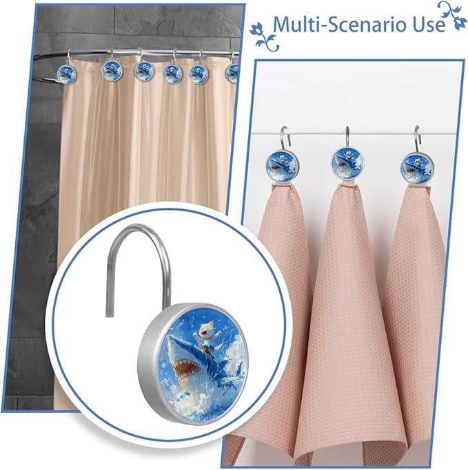 Cat Riding Shark Shower Curtain Hooks Rings, Stainless Steel Rust Proof Shower Curtain Hooks, Decorative Shower Hooks for Bathroom Shower Rods Curtains, Set of 12 - ModernBath