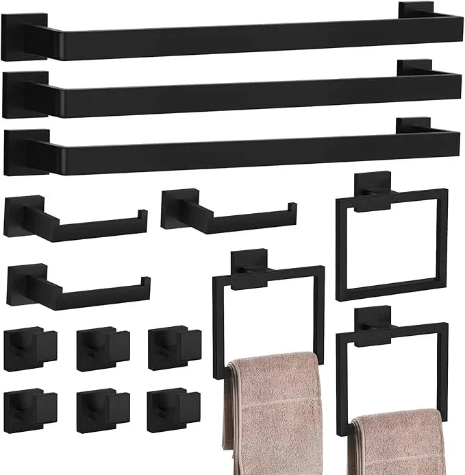 15-Pieces Matte Black Bathroom Accessories Set, 23.6 Inch Bath Towel Bar Set, SUS 304 Stainless Steel Bathroom Hardware Set, Towel Racks for Bathroom Wall Mounted. - ModernBath