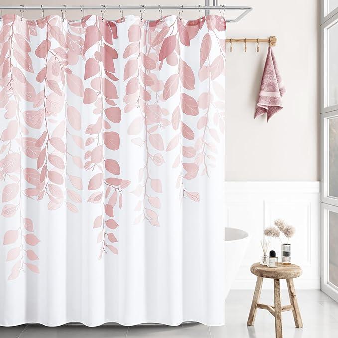 BOODII Pink Leaf Shower Curtain for Bathroom Botanical Eucalyptus Nature Eucalyptus Shower Curtain Set Floral Leaves Waterproof Bathroom Bath Curtains with Hooks 72x72 - ModernBath