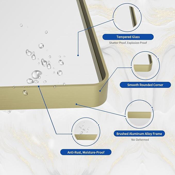 WEER Gold Bathroom Mirror, 50X30 Inch Brushed Gold Metal Frame Mirror, Rounded Rectangle Gold Bathroom Vanity Mirror for Wall, Tempered Glass, Anti-Rust, Hangs Horizontally or Vertically - ModernBath