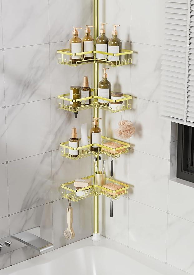 KEGII Corner Gold Shower Caddy Tension Pole - 4-Tier Rustproof Shower Rod Organizer, Floor to Ceiling Tension Rod 25-114.2 inch, Stainless Steel Corner Shower Shelf, Waterproof - ModernBath
