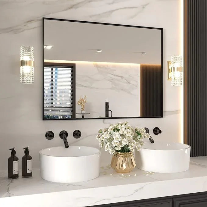 LOAAO 48"X36" Black Rectangle Bathroom Mirror Wall, Matte Black Aluminum Alloy Frame, Tempered Glass, Hangs Vertically or Horizontally, Easy to Install - ModernBath