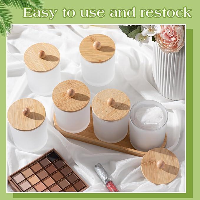 Chengu 6 Pack Cotton Swab Holder with Bamboo Lids and Trays and Labels Glass Round Swab Dispenser Cotton Ball Holder Glass Apothecary Jars Floss Pick Containers Bathroom Organizers (White) - ModernBath