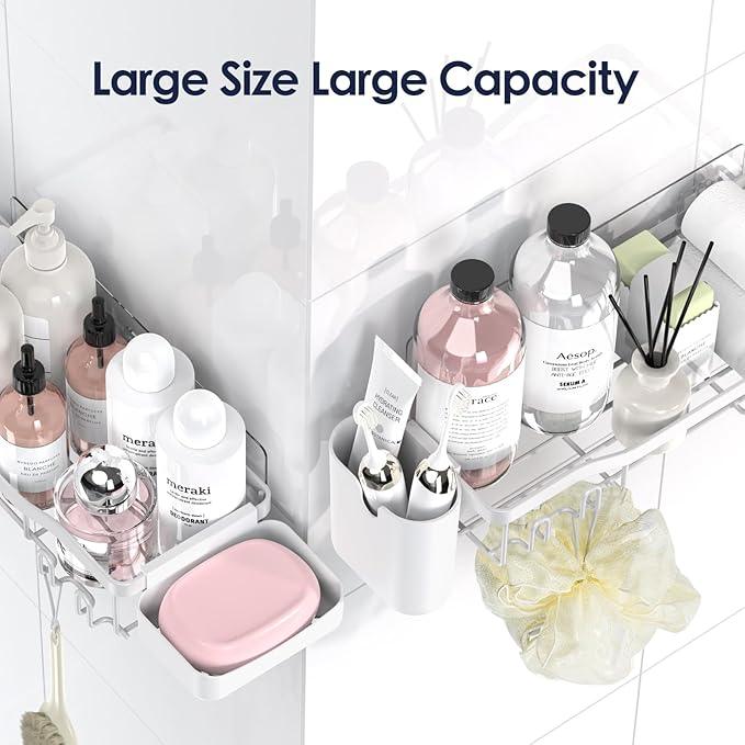 Shower Caddy Adhesive Shower Organizer 7-Pack, Rustproof Stainless Steel Bathroom Shelves, Large Capacity No-Drill Rack Storage Accessories with Soap Dish Toothbrush Holder Hooks (White) - ModernBath