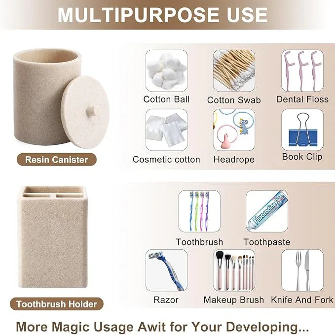 Resin 6 Pcs Beige Bathroom Set Complete with Toothbrush Holder, Lotion Soap Dispenser, 2 Qtip Holder Dispensers,Vanity Tray,Bathroom Tumbler - Countertop Vanity Organizer - Bathroom Accessories Set - ModernBath