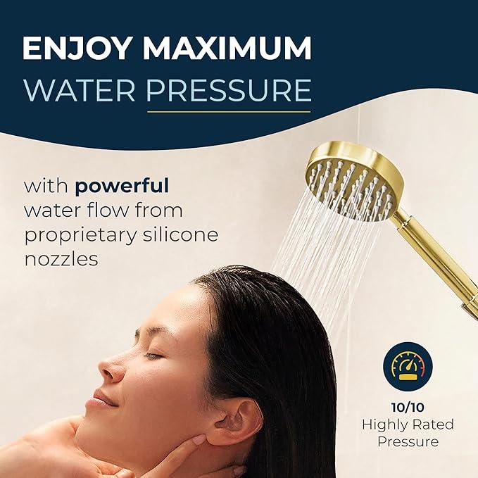 HammerHead Showers® Solid Metal LOW FLOW Handheld Shower Head with Hose and Brass Holder - POLISHED BRASS – Water Saving 1.75 GPM Detachable Shower Head - Adjustable Shower Wand Bracket & 6ft Hose - ModernBath