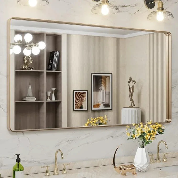 LOAAO 55”X30” Gold Bathroom Mirror, Rounded Rectangle Gold Frame Mirror, Brushed Gold Bathroom Vanity Mirror Wall-Mounted, Anti-Rust, Tempered Glass, Hangs Horizontally or Vertically - ModernBath