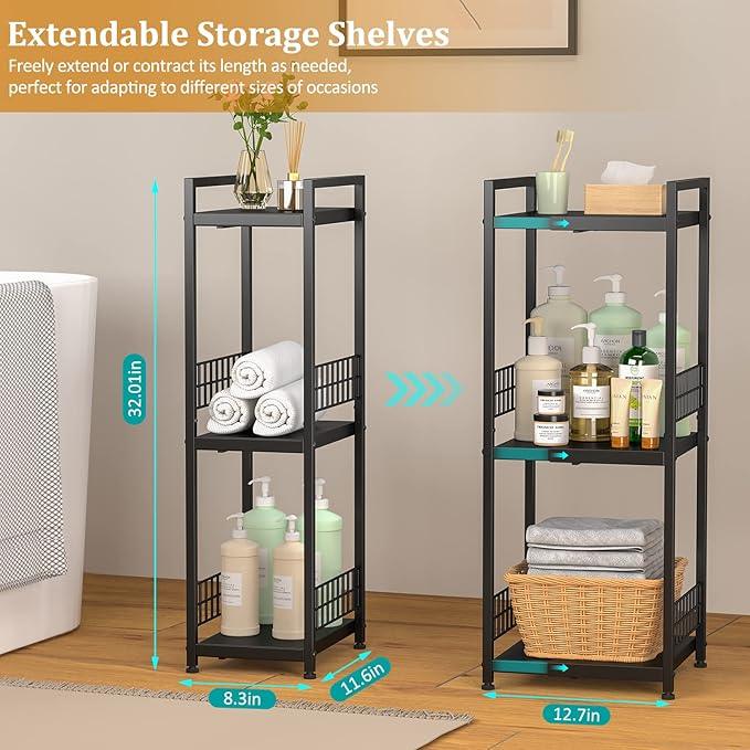3-Tier Metal Shelving Unit, Expandable, Free-Standing, Narrow, Open Floor Shelves, Ideal for Bathroom, Kitchen, Laundry, Storage, Organization - ModernBath