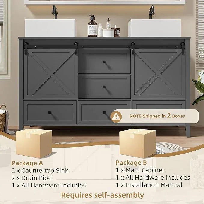 VNN Bathroom Vanity with Sink - 60 Inch Bathroom Vanity Double Sink Ceramic, Freestanding Cabinet with 2 Farmhouse Sliding Barn Doors and 5 Drawers, Space-Saving Storage Cabinet, Grey - ModernBath