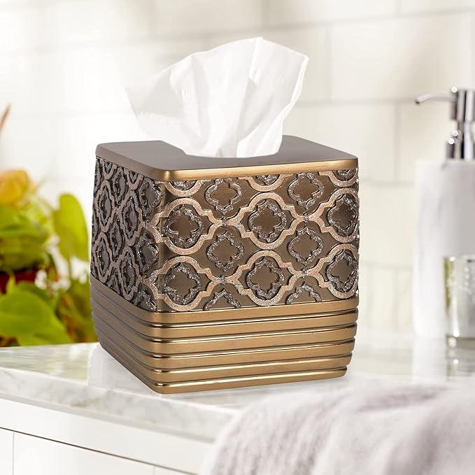 Zahari Home 2pc Spindle Modern Bath Accessories Set Waste Basket & Tissue Box Modern Classic Contemporary Decorative Beautiful Designs Bathroom Decor Set for Home Gold Complete Bathroom Sets - ModernBath
