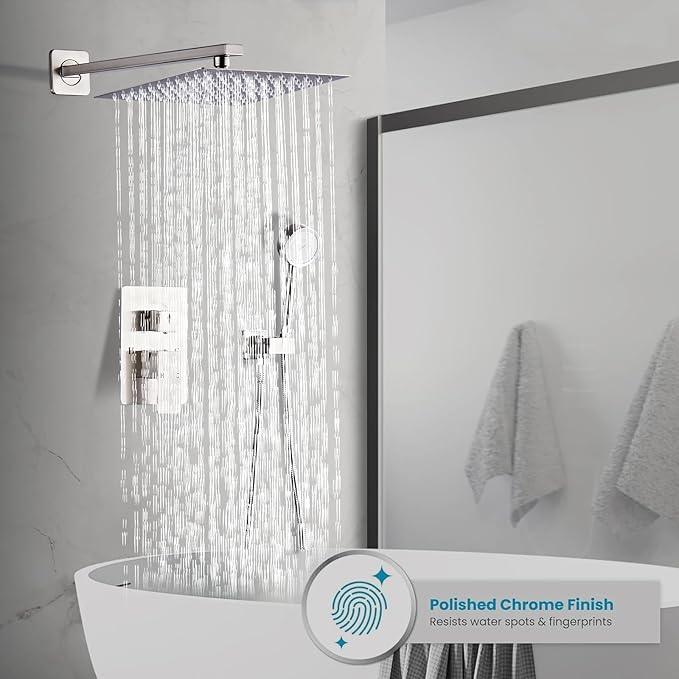 RTTWYYUU Brushed Nickel Rainfall Shower Head, Wall Mounted 10 Inch Shower Heads with Handheld Spray Combo, Luxury Bathroom Square Rain Shower System, Solid Brass Pressure Balancd Shower Faucet Valve - ModernBath